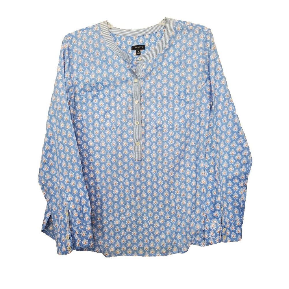 Talbots Cotton Geo Print Henley Neck Roll-Tab Sleeve Lightweight Tunic Size MED